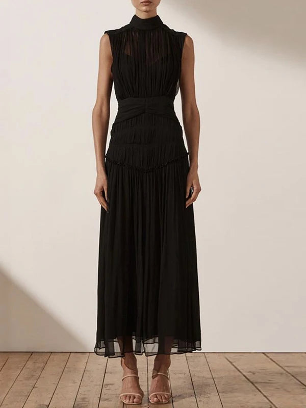 TWOTWINSTYLE Vintage Ruched Dress For Women Stand Collar Sleeveless High Waist Chiffon Midi Dresses Female 2022 Fashion New