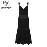 Black Spaghetti Strap Mermaid Dress Women's 2024 New Hollow Out Knitted Slim Mid-Calf Dresses