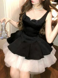 French Elegant Princess Style Slim Dress Women Mesh Black White Contrasting Puffy Dresses Summer Hepburn Chic Party Clothes 2025