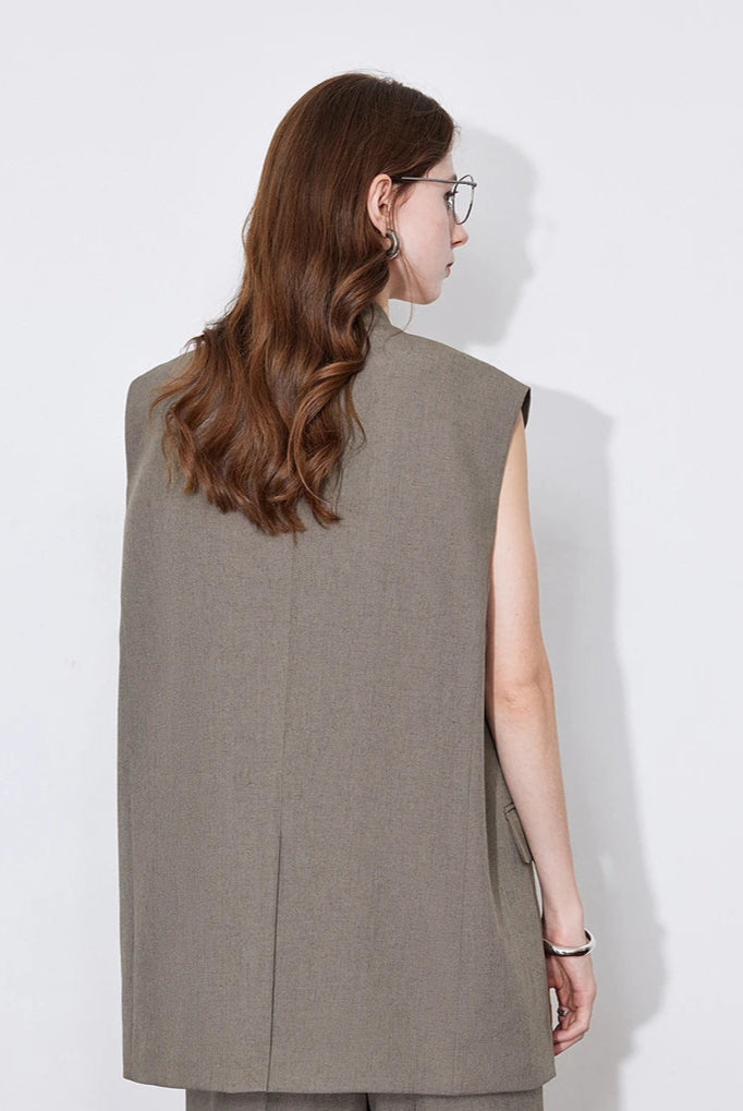 TOYOUTH Women Blazer 2025 Spring New Old Money Style Back Split Mid Length Sleeveless Elegant OL Workwear Jacket