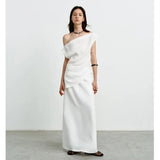 Elegant High-Waisted A- Line Skirt For Women Summer Commuting Long Dress Textile Song WhiteDrapedSideSlitLongDress