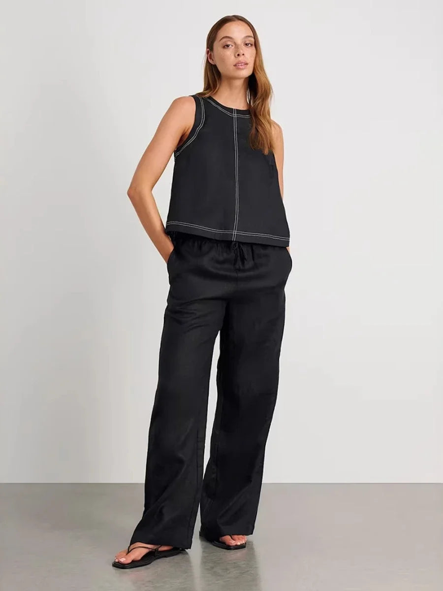 Wolfeel Cotton Linen Vest Wide Leg Long Pants Set Women's Pants Sleeveless Top Casual Suit 2025 Spring Summer New Pant Sets