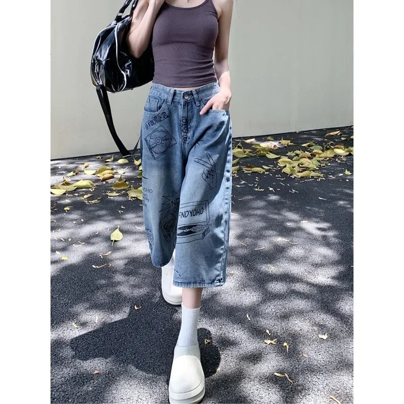 American Style Retro Street Women's Mid-Length Jeans Graffiti Design Loose Straight Cut Shorts Casual Fashionable Denim Shorts