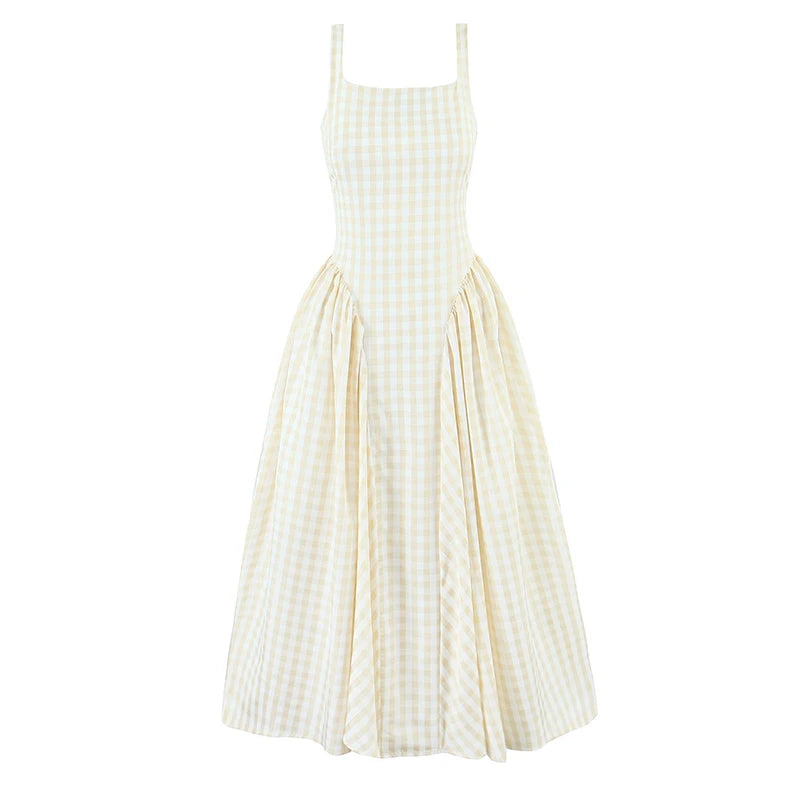 Sexy Sleeveless Elegant Plaid Dress Women Lace Up Back A-line Midi Summer Dresses Party Robe