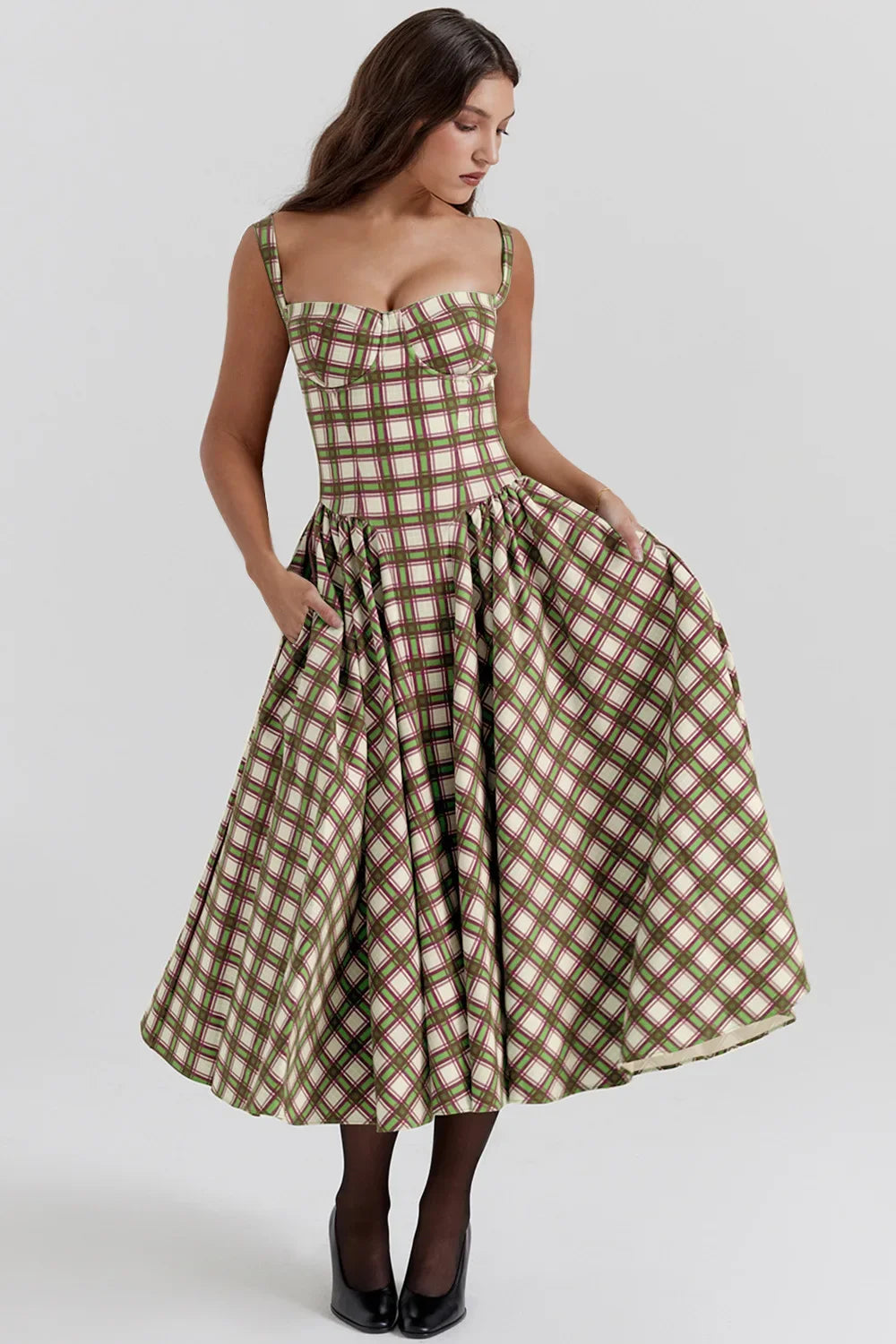 Women's French Style Long Dress with Solid/Floral/Checkered Multi Color Options Knee-Length Dress 2025 New Arrival