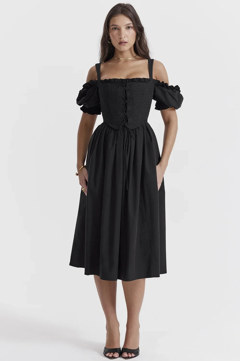 Classic Black One-Shoulder Short-Sleeve Women's Dress Elegant Waist-Cinched Midi Skirt Fashionable Ankle-length Gown