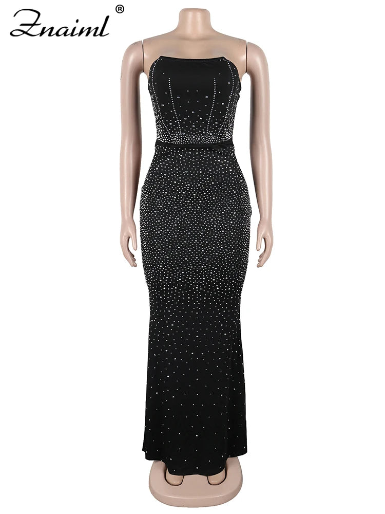 Znaiml Black Off Shoulder Sleeveless Luxury Rhinestones Bodycon Back Split Dresses Womens Clothing Slim Birthday Evening Vestido
