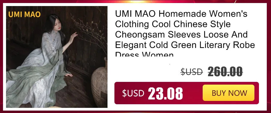 UMI MAO Chinese Style Dress Elegant Stand Up Neck Flare Sleeves Wrap Waist Show Slim Mid Length Black Drop Zen Dresses Women's