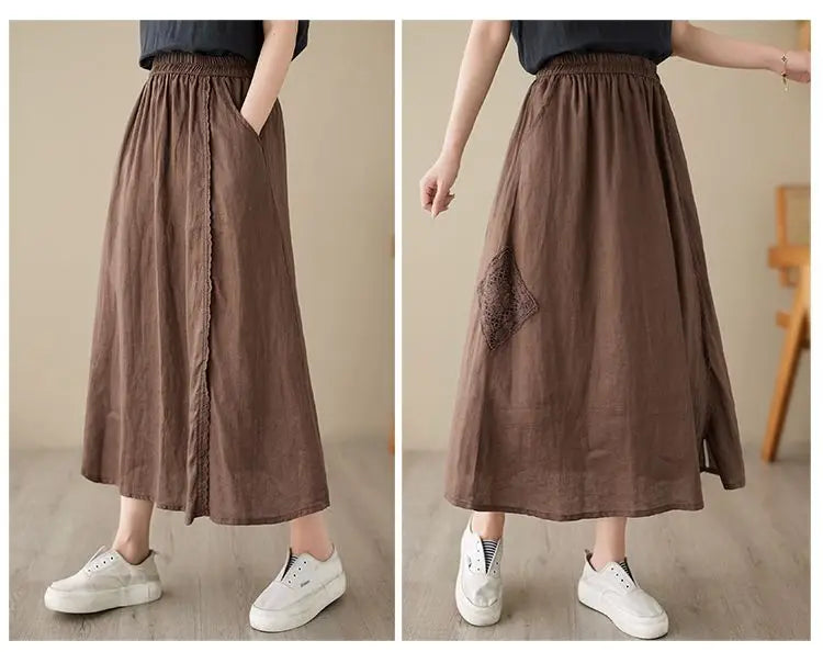 High Waist Casual Embroidery Skirts Women New Arrival 2024 Summer Vintage Style Solid Cotton Linen Female A-line Long Skirt