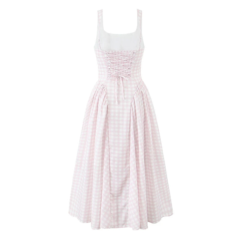 Sexy Sleeveless Elegant Plaid Dress Women Lace Up Back A-line Midi Summer Dresses Party Robe