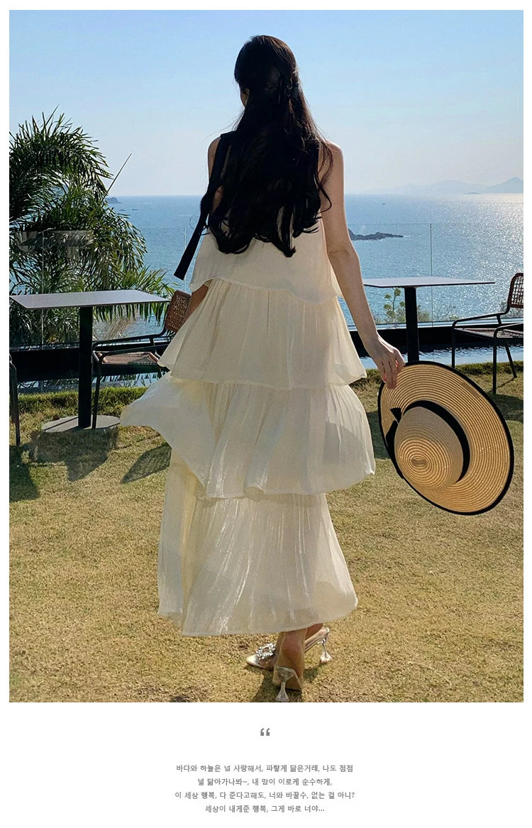 Vintage Women Beige Elegant Off Shoulder Evening Party Dress Summer Sleeveless Vacation Pleated Halter Cake Long Sundress Simple