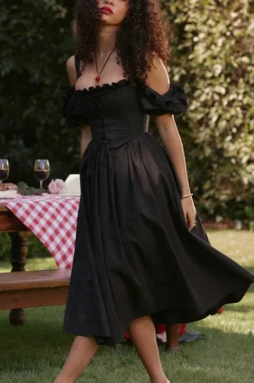 Classic Black One-Shoulder Short-Sleeve Women's Dress Elegant Waist-Cinched Midi Skirt Fashionable Ankle-length Gown