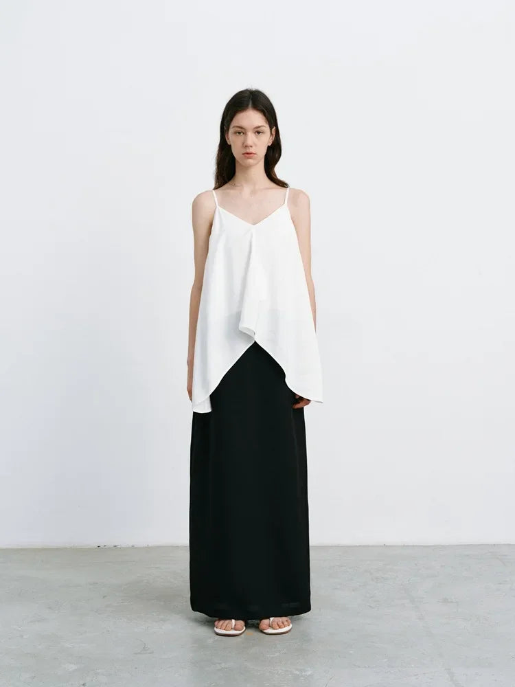 Elegant High-Waisted A- Line Skirt For Women Summer Commuting Long Dress Textile Song WhiteDrapedSideSlitLongDress