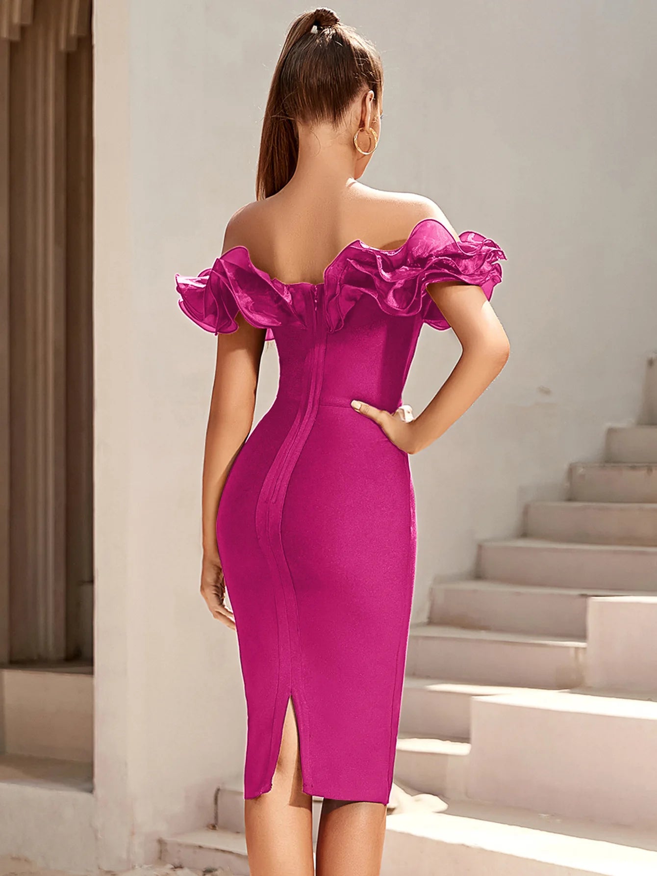 Women's Off Shoulder Bandage Midi Dress Luxury Design Ruffled Elegant Black Sleeveless Ruffled Sexy Club Party Evening Dresses
