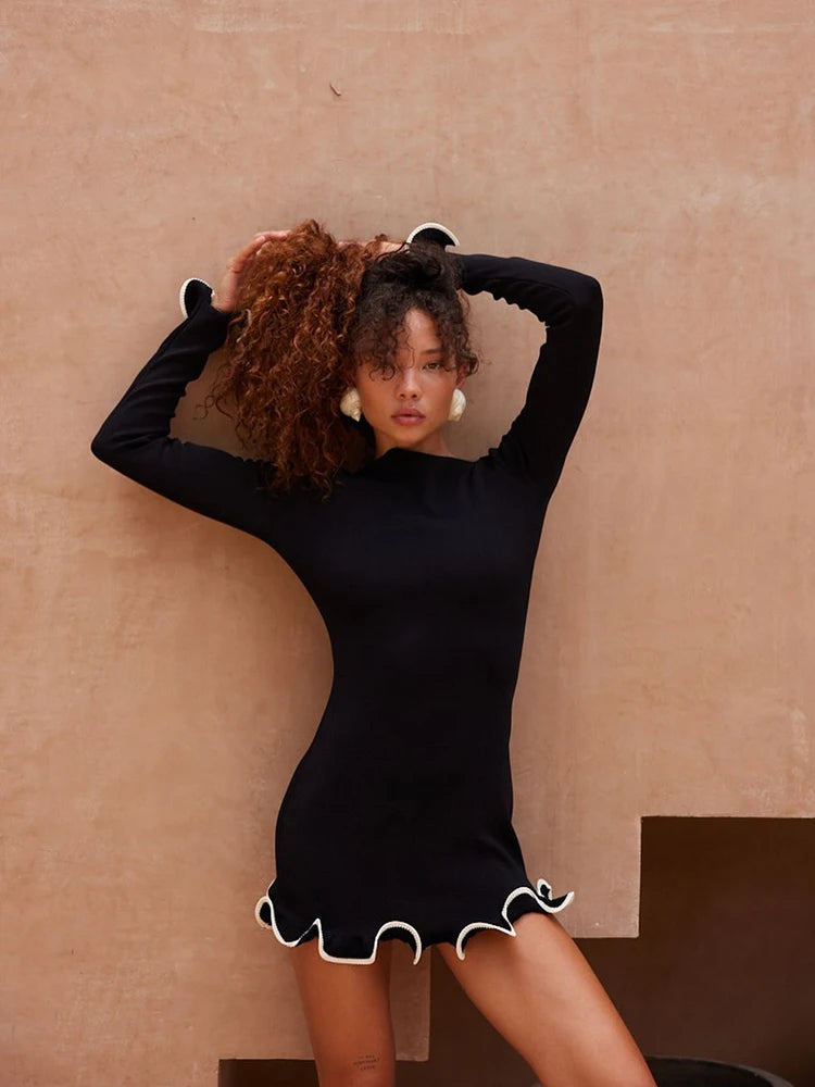 TARUXY Spring New Knitted Mini Dress For Women Fungus Contrast Color Slim Sweater Dress Elegant Female Party Clothes Long Sleeve