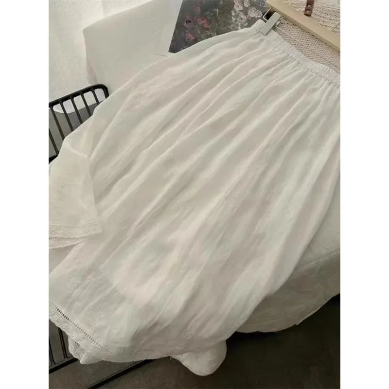 French Style A- Line Cotton Linhing Skirt Women's Summer High Waist Slimming Loose Midi Skirt Tea Break Fashion plus Size