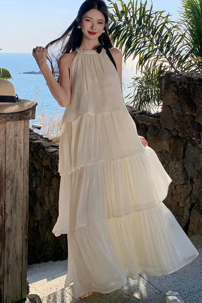 Vintage Women Beige Elegant Off Shoulder Evening Party Dress Summer Sleeveless Vacation Pleated Halter Cake Long Sundress Simple