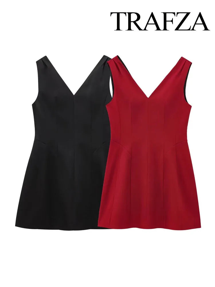 TRAFZA Summer Women V-Neck Sleeveless Backless Decorate Zipper Mini Dress Fashion Woman Sexy Dresses Street Style Party Dress