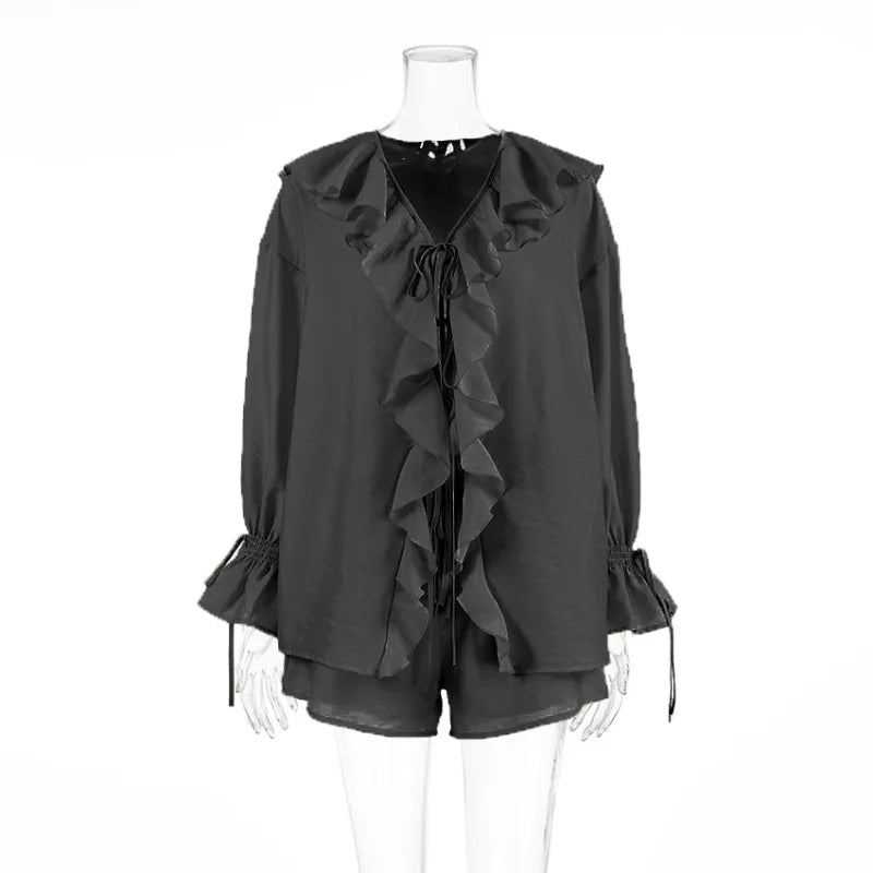 Tuularose New Casual Shorts Two-piece Set Women's Ruffled Loose Tie Top Simple Shorts Set Office Lady Summer Female Shorts Set