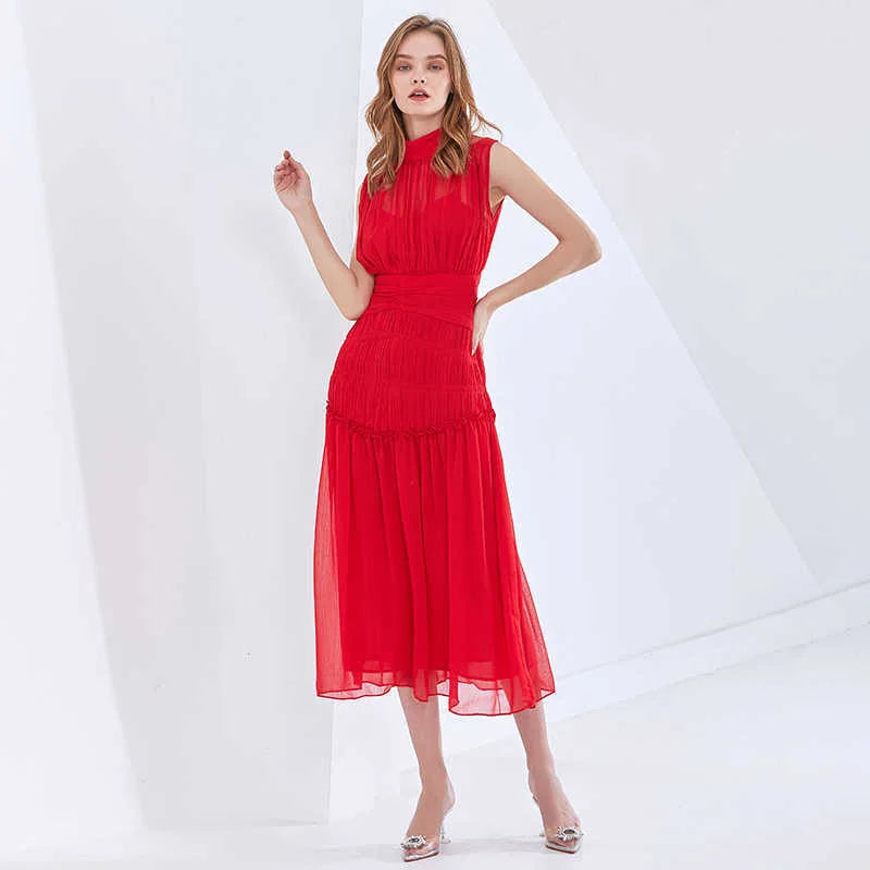 TWOTWINSTYLE Vintage Ruched Dress For Women Stand Collar Sleeveless High Waist Chiffon Midi Dresses Female 2022 Fashion New