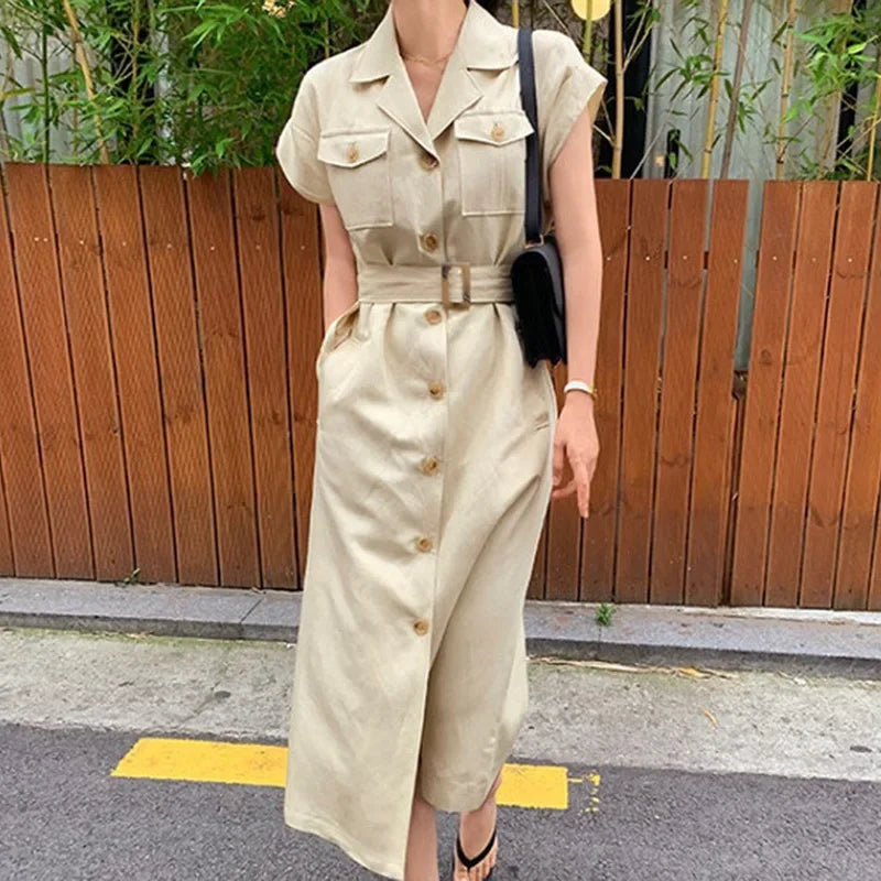 Korean Chic Retro Stand Collar Multi-Pocket Design Ring Buckle Waist Cinching Short Sleeve Dress with Belt Women's Dress