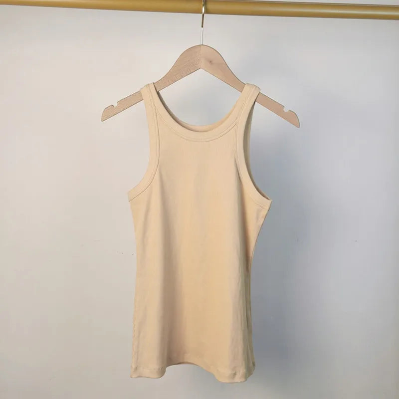 (High Quality)2025 Women Tops Racer Vest Women Solid Color All-match Elastic Cotton Espera Base Vest LUXURY Nordic Style Casual