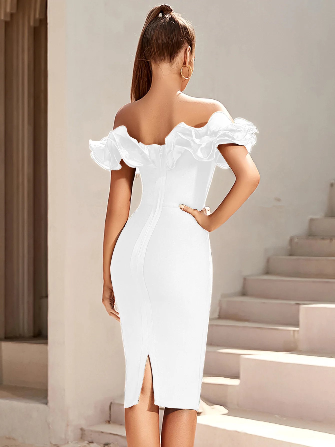 Women's Off Shoulder Bandage Midi Dress Luxury Design Ruffled Elegant Black Sleeveless Ruffled Sexy Club Party Evening Dresses