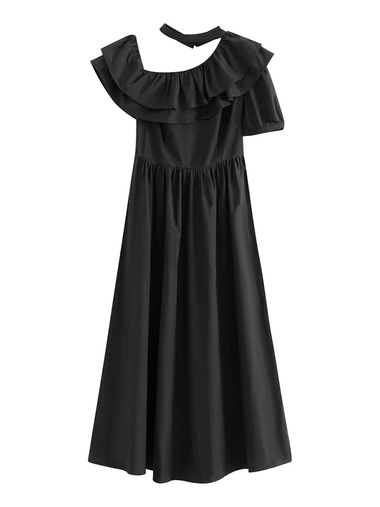 FSLE Black Women Dress 100% Cotton Ankle-Length Women Summer Dress One-shoulder Sleeve Ruffled Pink Maxi Dress 24FS18015