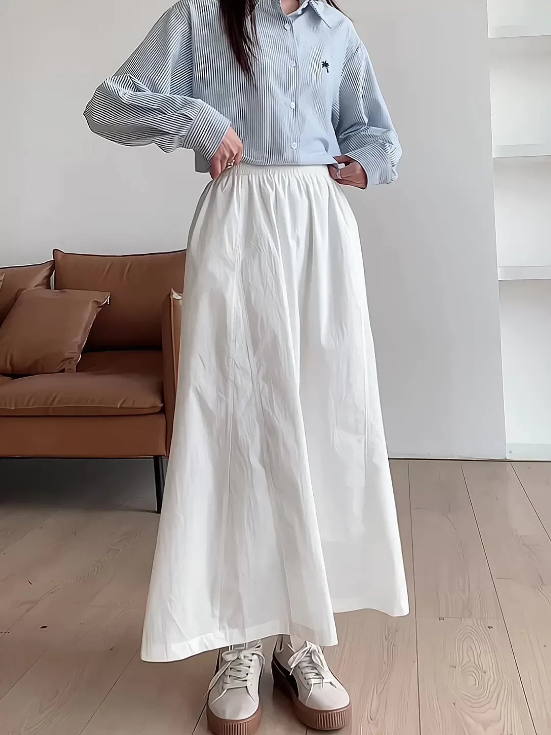Elegant White A- Line Mini Skirt Women's Spring Summer New French Style Long Skirt Slimming Polyester Fiber Solid Color Skirt