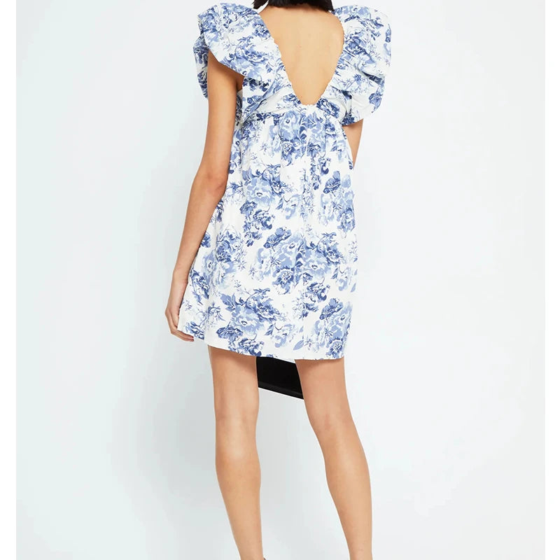 Women Vintage y2k Fairy Floral Print Mini Dress Boho V Neck Puff Sleeve Short Dress Bow Tie Flowy Dress Beach Holiday Sundress