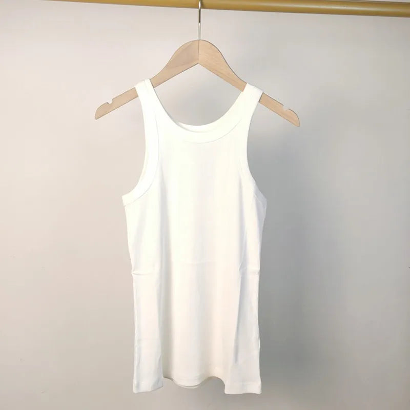 (High Quality)2025 Women Tops Racer Vest Women Solid Color All-match Elastic Cotton Espera Base Vest LUXURY Nordic Style Casual