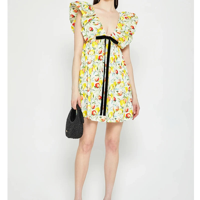 Women Vintage y2k Fairy Floral Print Mini Dress Boho V Neck Puff Sleeve Short Dress Bow Tie Flowy Dress Beach Holiday Sundress