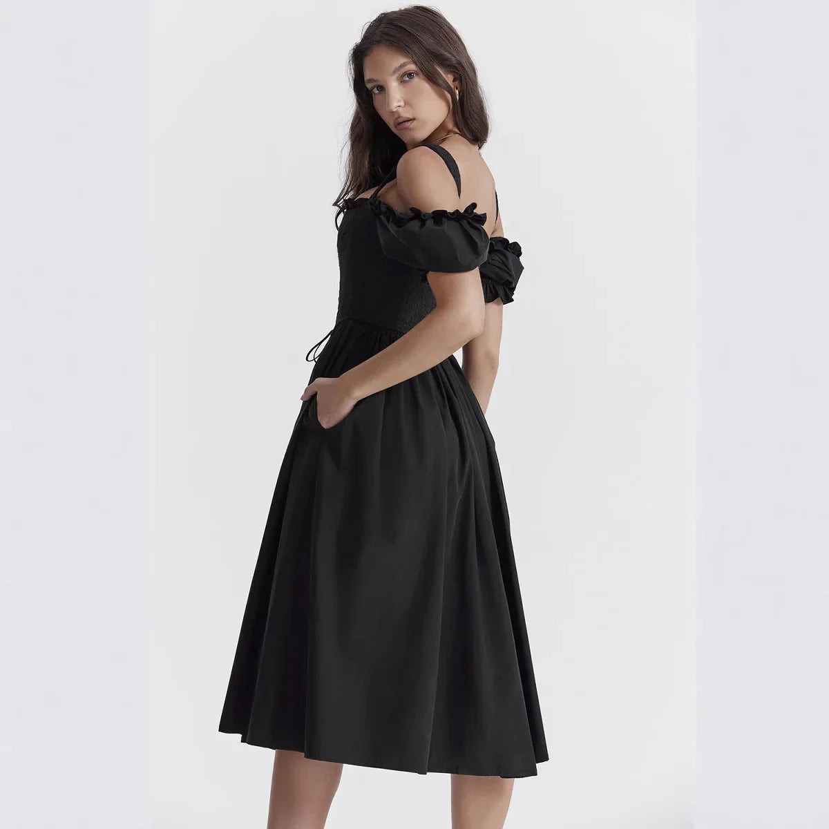 Classic Black One-Shoulder Short-Sleeve Women's Dress Elegant Waist-Cinched Midi Skirt Fashionable Ankle-length Gown