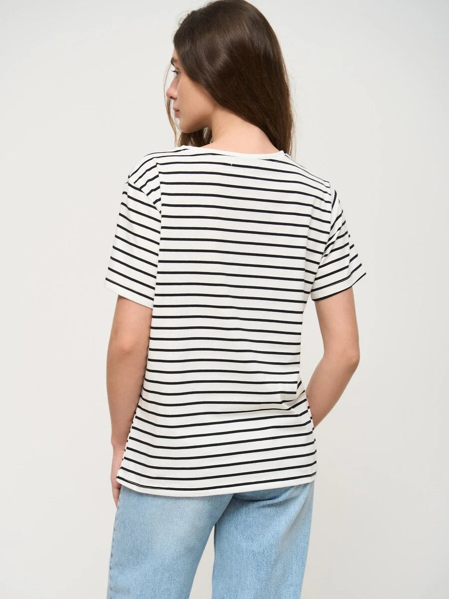 Wolfeel Summer Short Sleeve Striped T-Shirts Women Knitted Basic Casual Tops Female Cozy Loose Cotton Tees