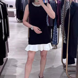 Black Knited Mini Dress Women 2025 Spring Neckline Pearls Elegant Sleeveless Female Dresses 5240364