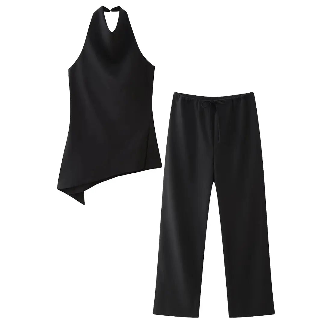 TRAFZA Women Vintage Solid Pant Sets Sexy Backless Halter Camis Top Asymmetric Tank Top + Drawstring Trousers Fashion Streetwear