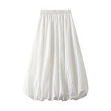 Combhasaki Women's Elegant Elastic High Waist Solid Color A-Line Pleated Puffball Hem Casual Flowy Balloon Bud Midi Skirts