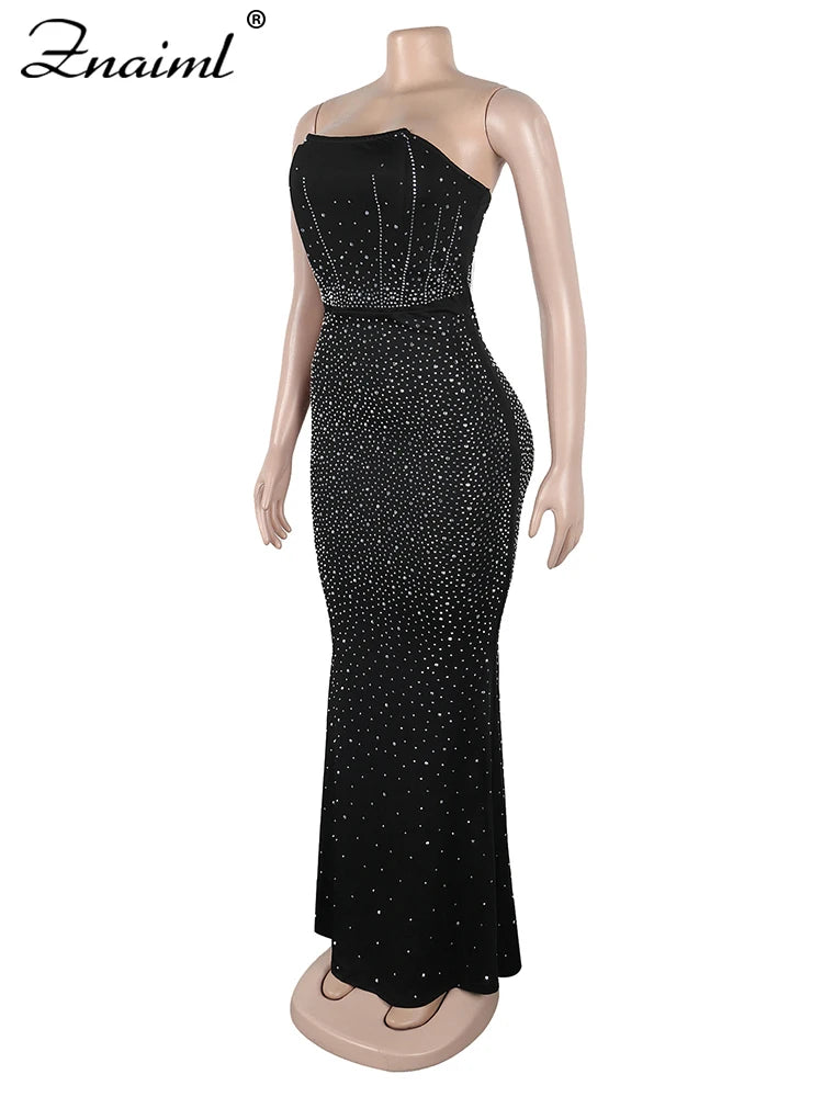 Znaiml Black Off Shoulder Sleeveless Luxury Rhinestones Bodycon Back Split Dresses Womens Clothing Slim Birthday Evening Vestido
