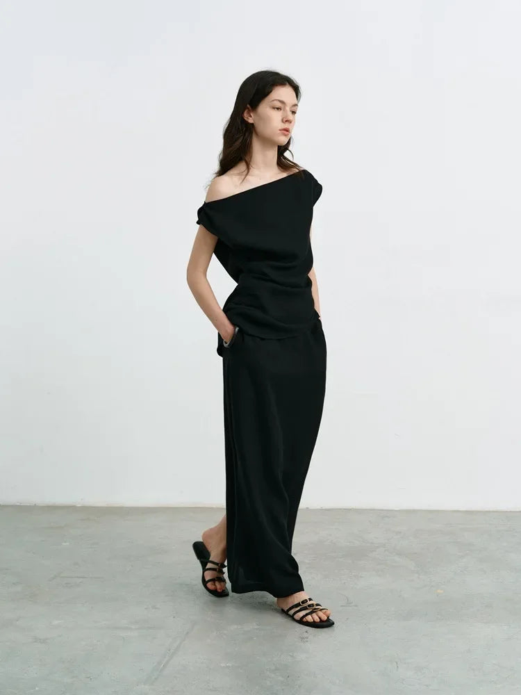 Elegant High-Waisted A- Line Skirt For Women Summer Commuting Long Dress Textile Song WhiteDrapedSideSlitLongDress