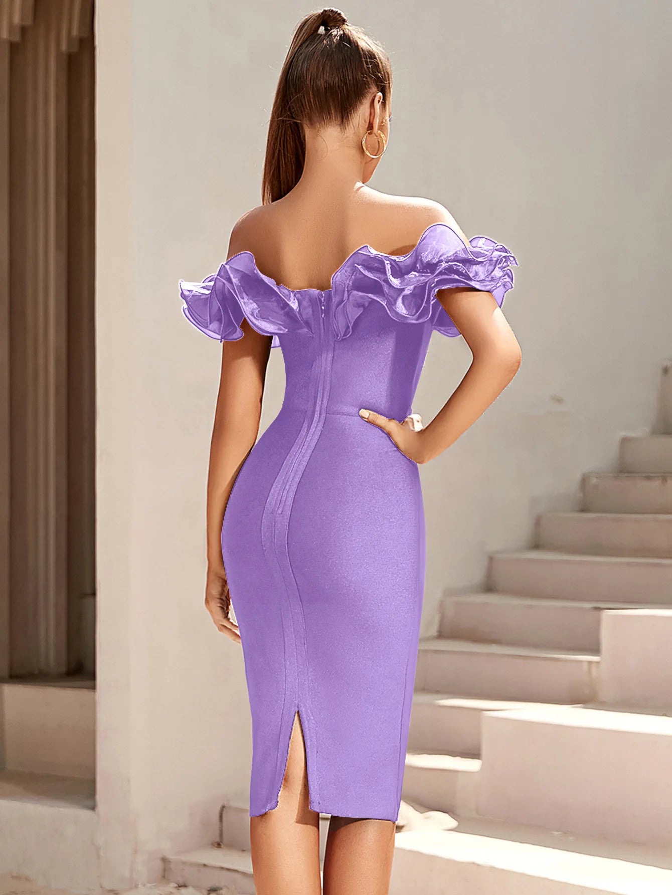 Women's Off Shoulder Bandage Midi Dress Luxury Design Ruffled Elegant Black Sleeveless Ruffled Sexy Club Party Evening Dresses