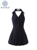 Summer Women Fashion Mini Halter Party Pleated Dress A-line Backless Black Striped V Neck Frocks Sexy Gyaru Y2k Streetwear Prom