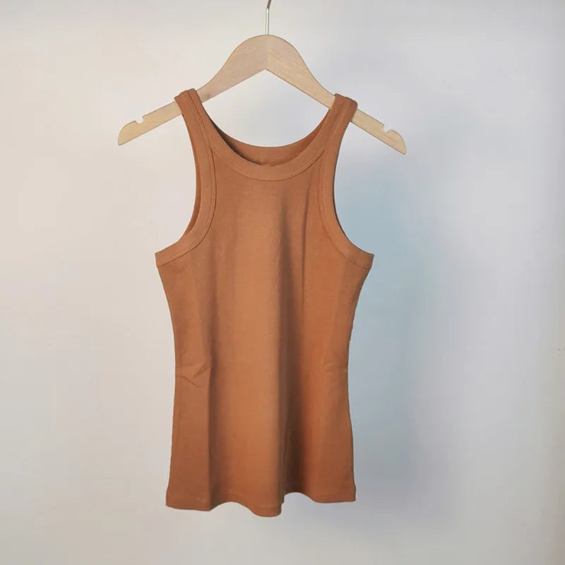 (High Quality)2025 Women Tops Racer Vest Women Solid Color All-match Elastic Cotton Espera Base Vest LUXURY Nordic Style Casual