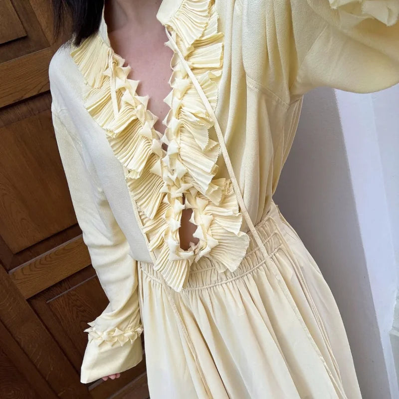Talenza Casual Chiffon Shirt Women Fashion Pleated Lace-up Solid Lace Top Summer Vacation Loose Vintage Elegant Female Blouses