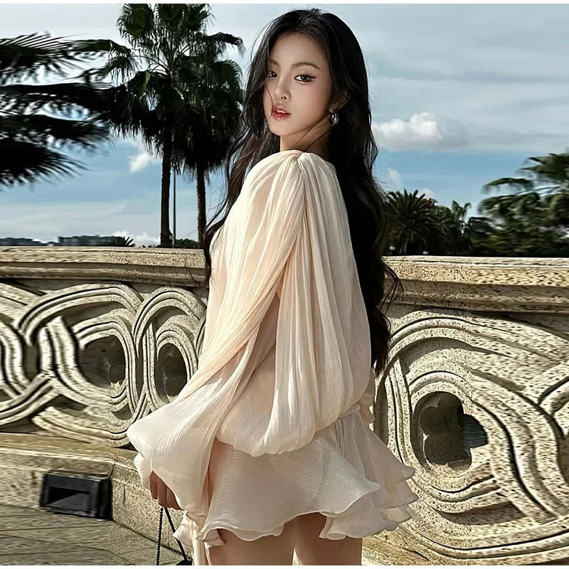 Luxury Elegant Mini Dress For Women V Collar Lace Up Blouse Dresses Long Sleeve Stacked Hem Vestido 2025 New Lady Women Clothing