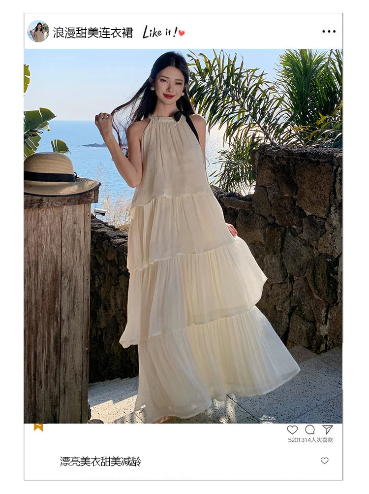 Vintage Women Beige Elegant Off Shoulder Evening Party Dress Summer Sleeveless Vacation Pleated Halter Cake Long Sundress Simple