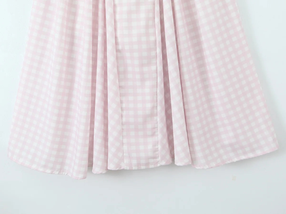 Sexy Sleeveless Elegant Plaid Dress Women Lace Up Back A-line Midi Summer Dresses Party Robe