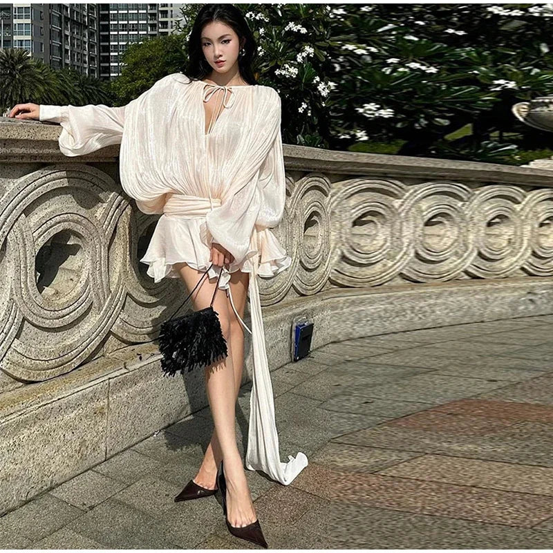 Luxury Elegant Mini Dress For Women V Collar Lace Up Blouse Dresses Long Sleeve Stacked Hem Vestido 2025 New Lady Women Clothing