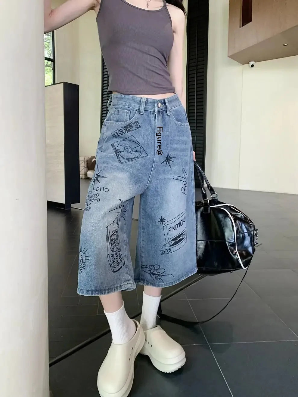 American Style Retro Street Women's Mid-Length Jeans Graffiti Design Loose Straight Cut Shorts Casual Fashionable Denim Shorts
