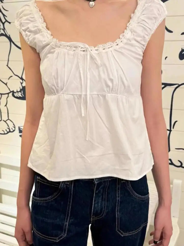2024 New White Lace Tied Square Neck Summer T-shirts Chic Elegant Short Sleeve Tee Cotton Y2K Street Casual Bow Tie-up Top Women