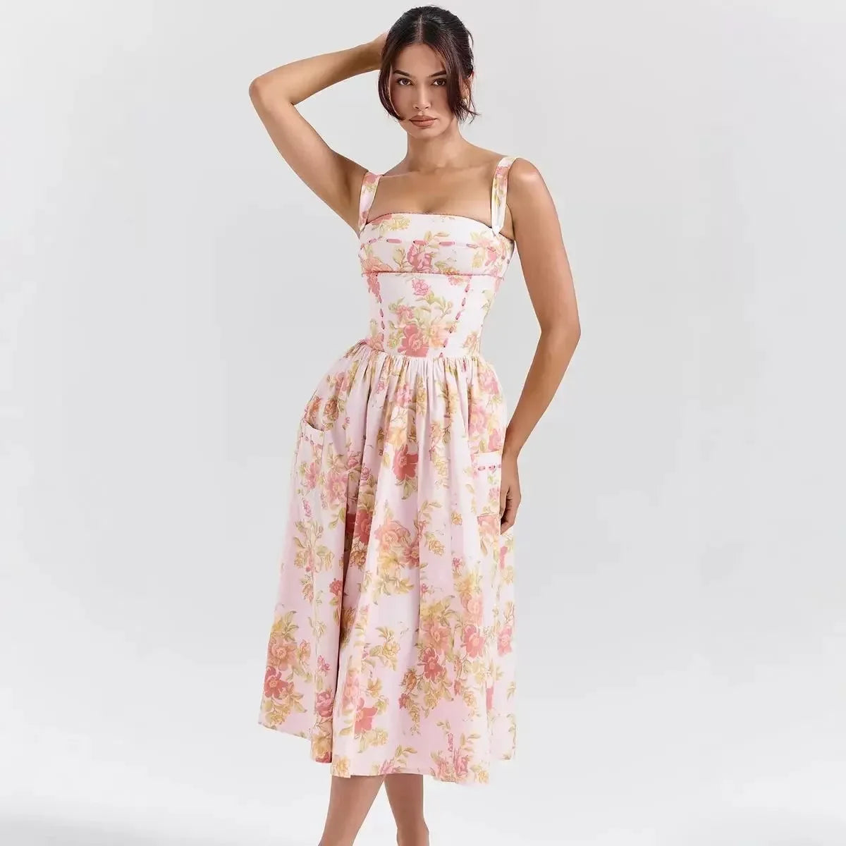 SAW Independent Station Pure Desire Square Collar Dress with Pocket Pink Print Ribbon Corduroy Sleeveless Women's Dress